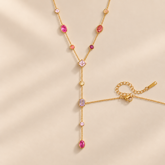 Virelia Multicolour Zircon Y-Shape Necklace — warm beige studio background
