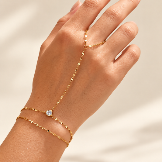 AureliaLink Gold Hand Chain Ring Bracelet – Stainless Steel Finger Bracelet | Adjustable Double-Layer Hand Chain | Women’s Body Jewellery
