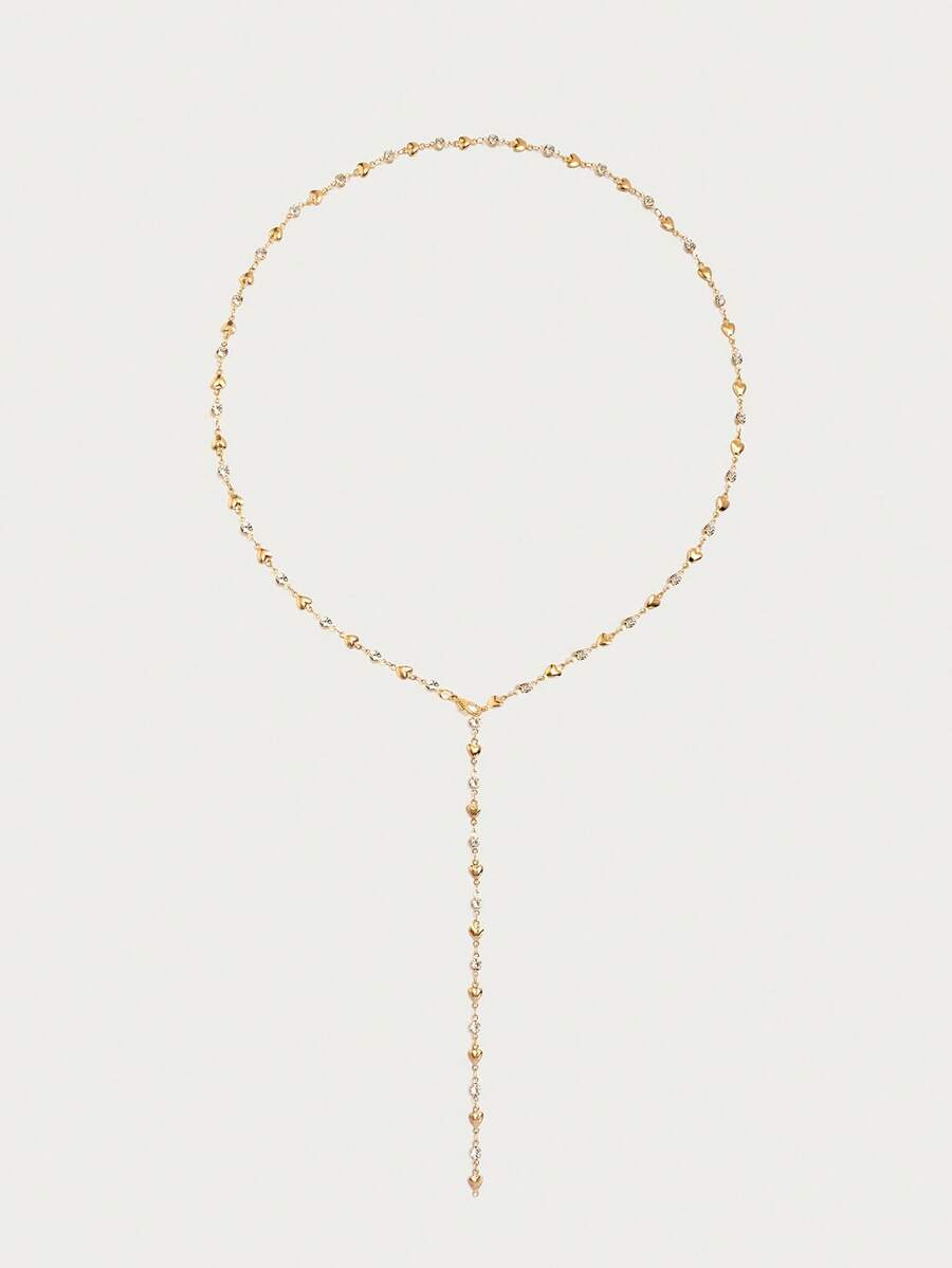 Amourline 14K Gold-Plated Y Necklace – Heart & Rhinestone Details — Complete necklace laid out