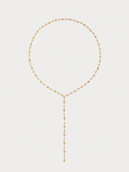 Amourline 14K Gold-Plated Y Necklace – Heart & Rhinestone Details — Complete necklace laid out