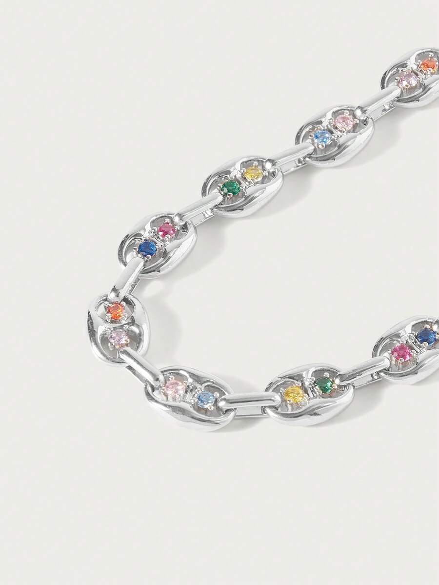 Anaïs Silver-Tone Link Bracelet – Multicolour Stone Details — Coloured stone and link detail