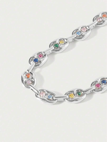 Anaïs Silver-Tone Link Bracelet – Multicolour Stone Details — Coloured stone and link detail