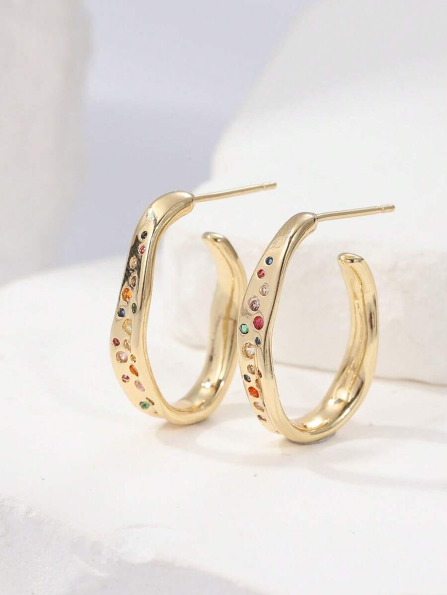 Arcelle 14K Gold-Plated Hoop Earrings – Rainbow Cubic Zirconia — Three-quarter view