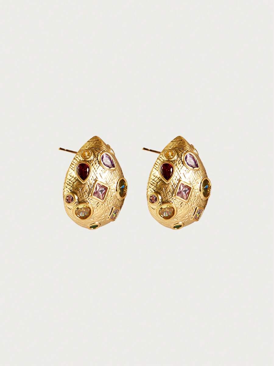 Bijou 18K Gold-Plated Stud Earrings – Textured Multicolour Pair — Three-quarter view showing posts