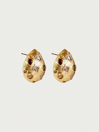Bijou 18K Gold-Plated Stud Earrings – Textured Multicolour Pair — Three-quarter view showing posts