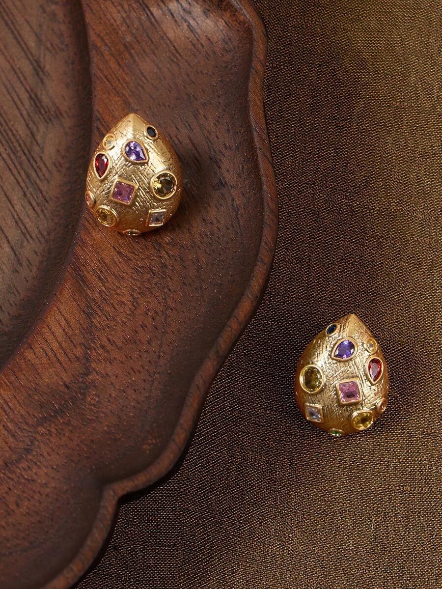 Bijou 18K Gold-Plated Stud Earrings – Textured Multicolour Pair — Pair arranged on a wooden tray