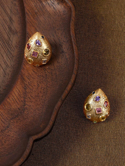 Bijou 18K Gold-Plated Stud Earrings – Textured Multicolour Pair — Pair arranged on a wooden tray
