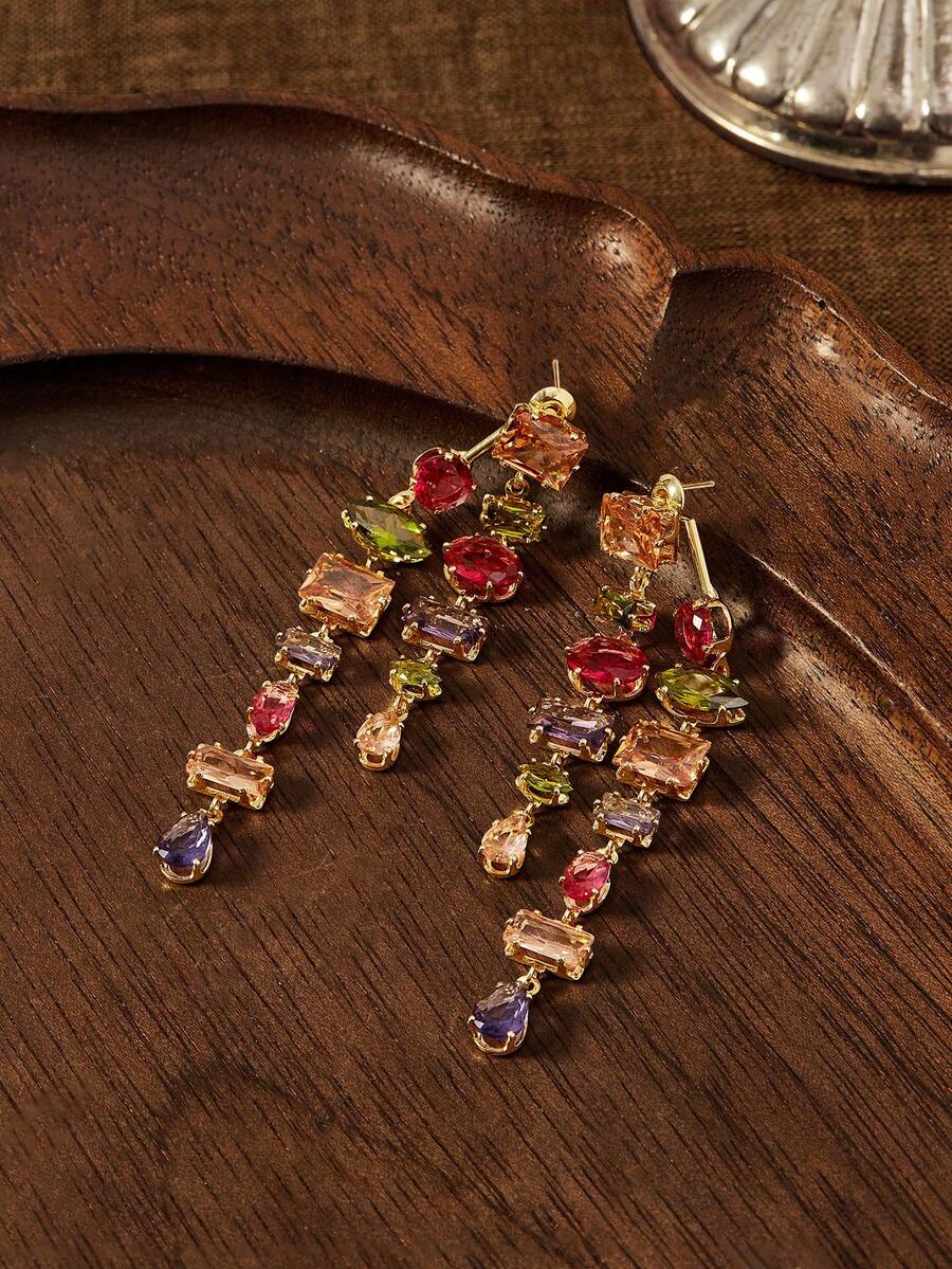 Calista 18K Gold-Plated Drop Earrings – Multicolour Statement Pair — Angled view on a wooden tray
