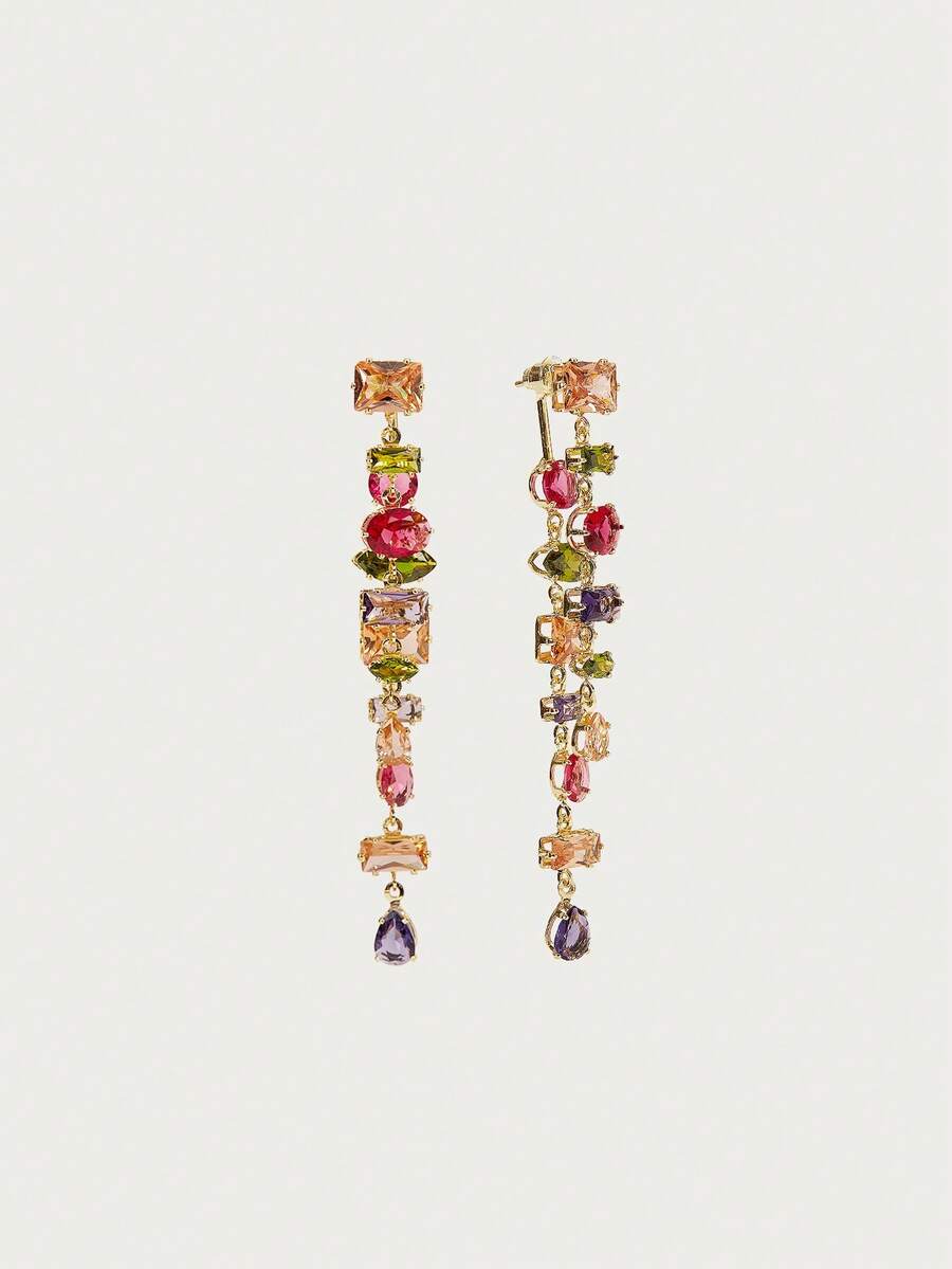Calista 18K Gold-Plated Drop Earrings – Multicolour Statement Pair — Front and reverse views