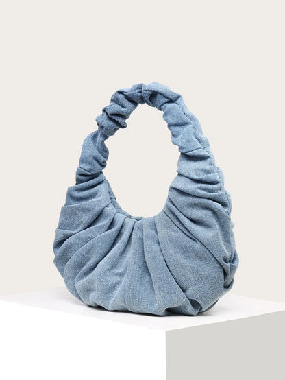 Ciel Blue Ruched Handbag – Denim-Look Crescent Top Handle Bag — Alternate side view