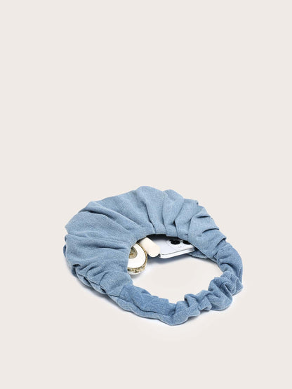 Ciel Blue Ruched Handbag – Denim-Look Crescent Top Handle Bag — Open interior; accessories not included