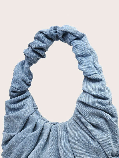 Ciel Blue Ruched Handbag – Denim-Look Crescent Top Handle Bag — Ruched handle and fabric detail