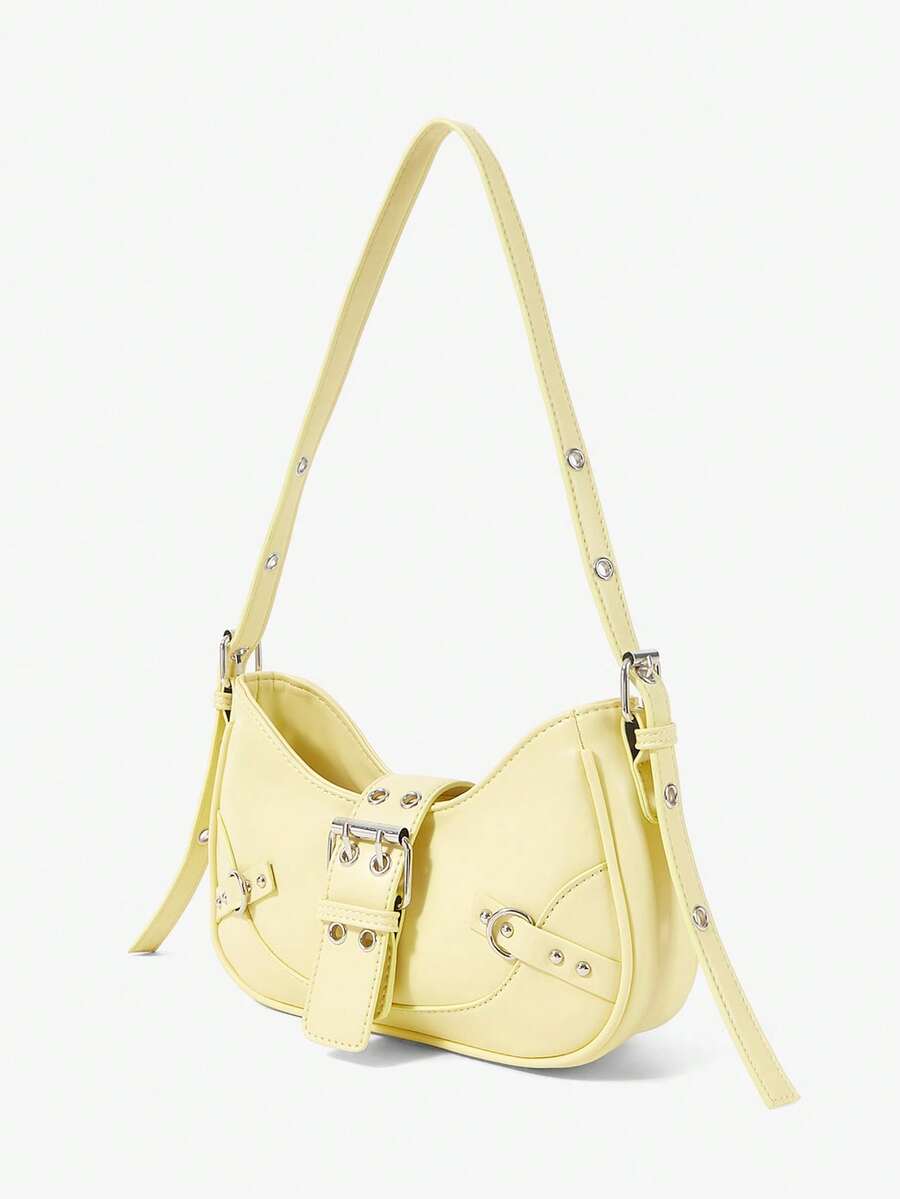 Citron Butter Yellow Shoulder Bag – Silver-Tone Buckle Design — Three-quarter view