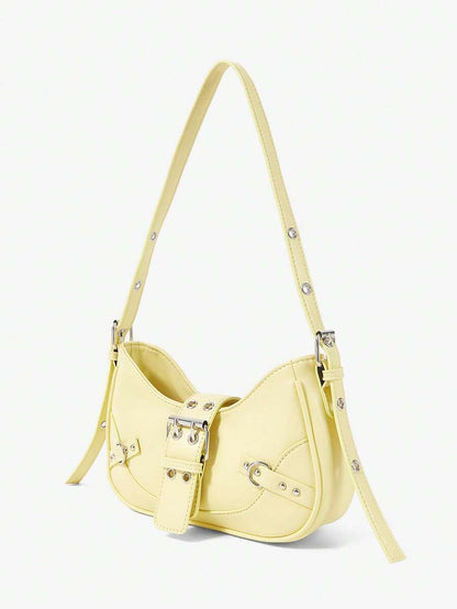 Citron Butter Yellow Shoulder Bag – Silver-Tone Buckle Design — Three-quarter view