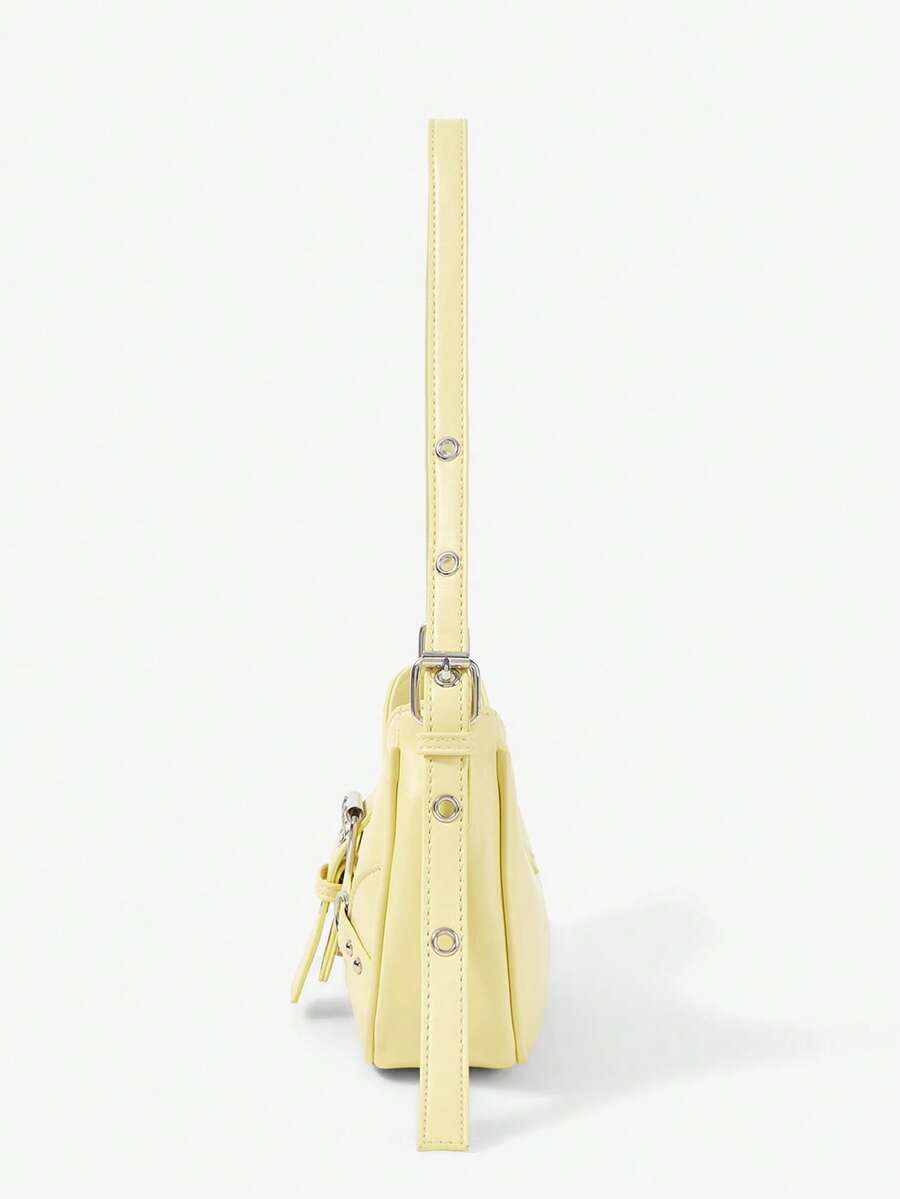 Citron Butter Yellow Shoulder Bag – Silver-Tone Buckle Design — Side profile