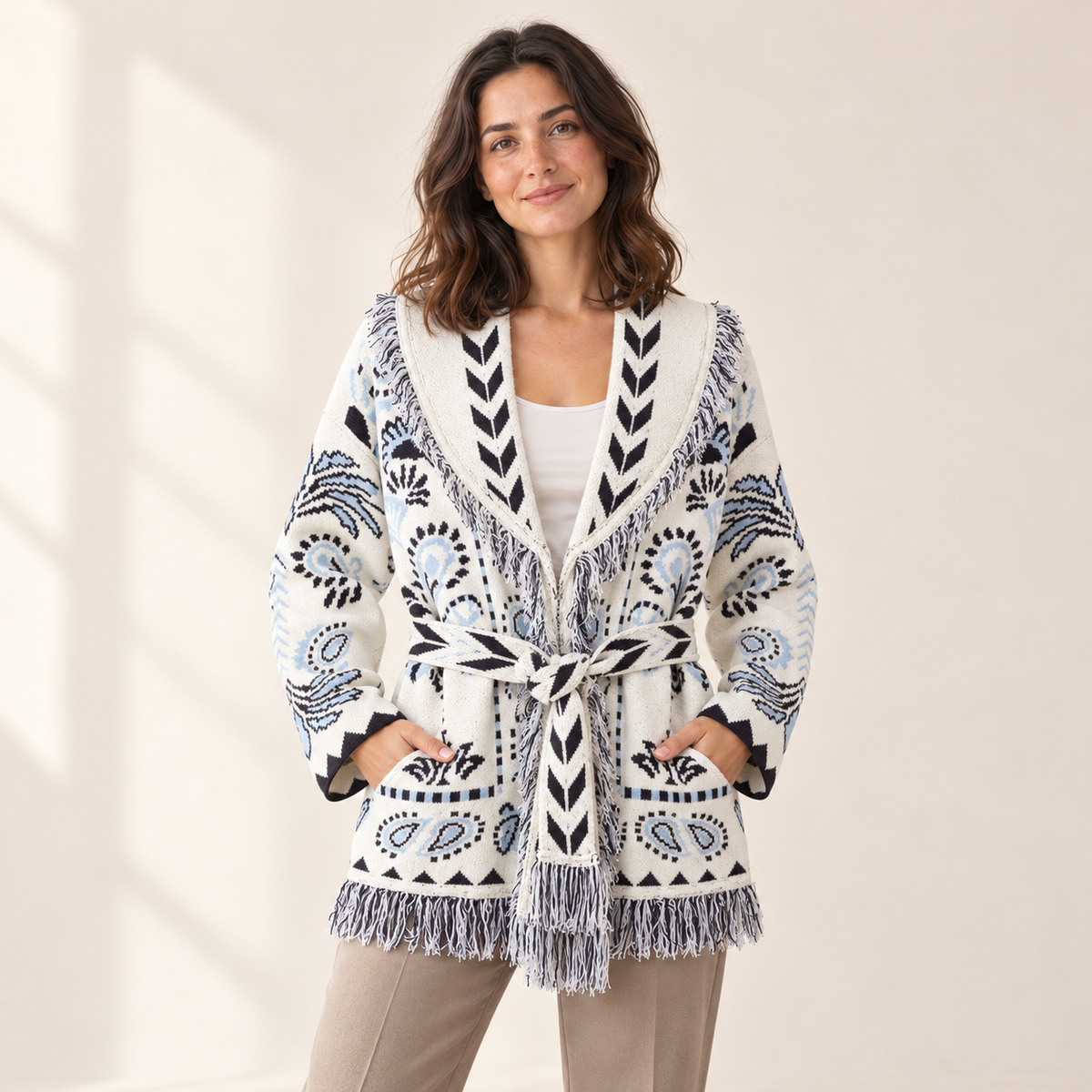 Bellavere Patterned Wrap Knit Cardigan — White 1 / S