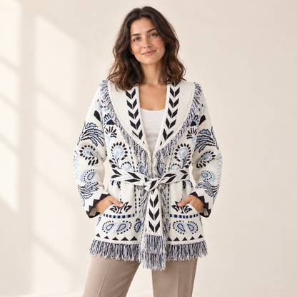 Bellavere Patterned Wrap Knit Cardigan — White 1 / S