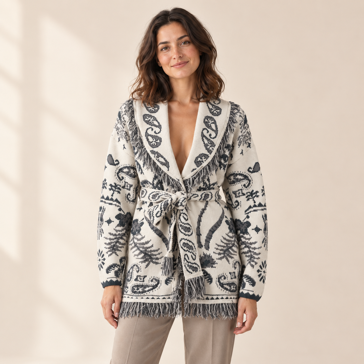 Bellavere Patterned Wrap Knit Cardigan — White 2 / S