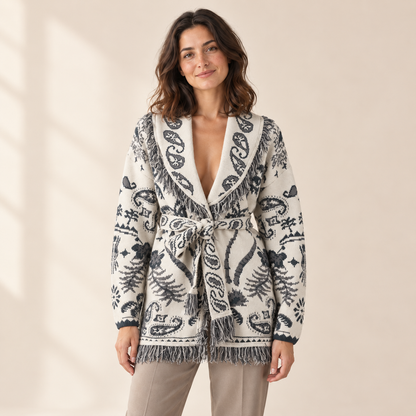 Bellavere Patterned Wrap Knit Cardigan — White 2 / S