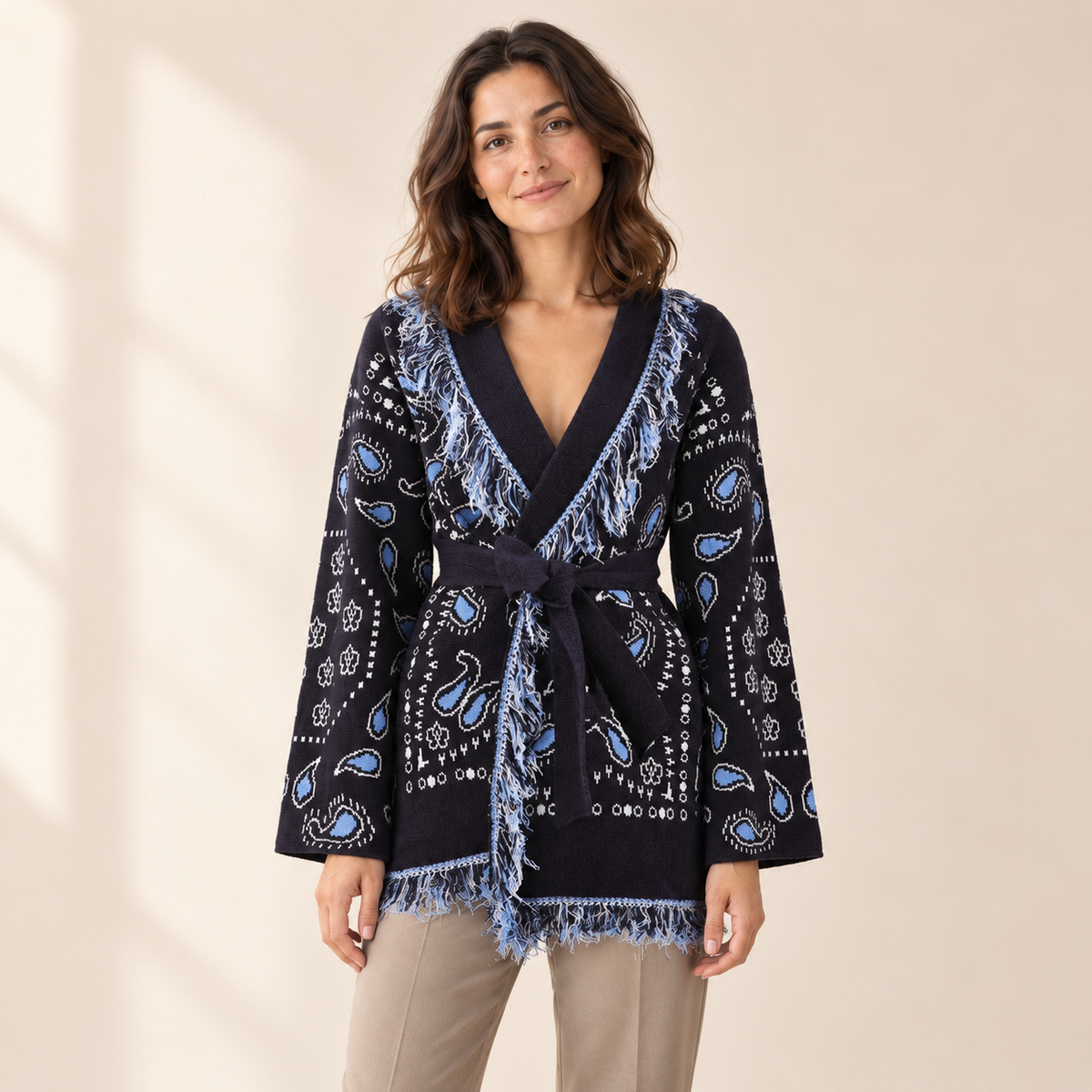 Bellavere Patterned Wrap Knit Cardigan — Blue 1 / S
