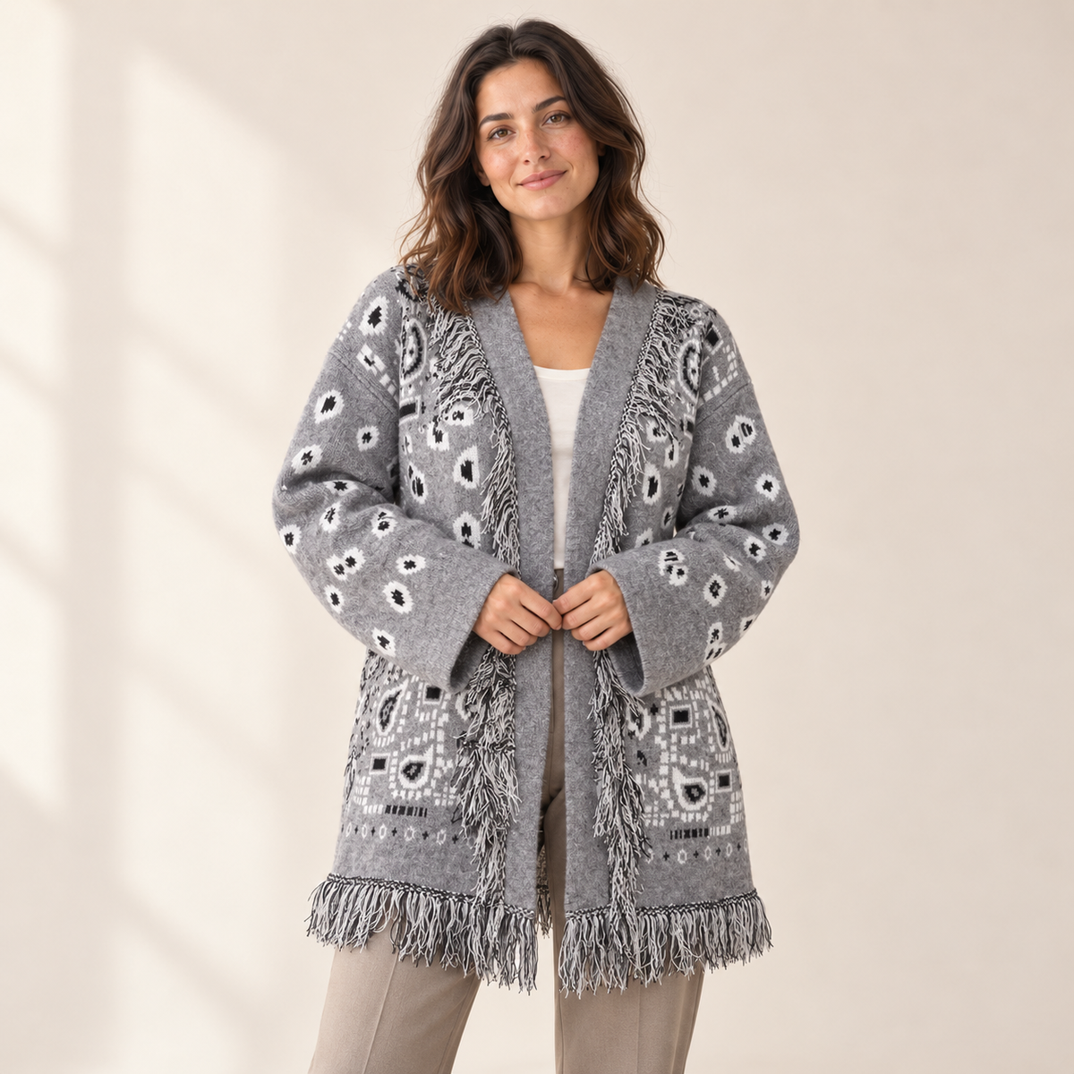 Bellavere Patterned Wrap Knit Cardigan — Grey / S