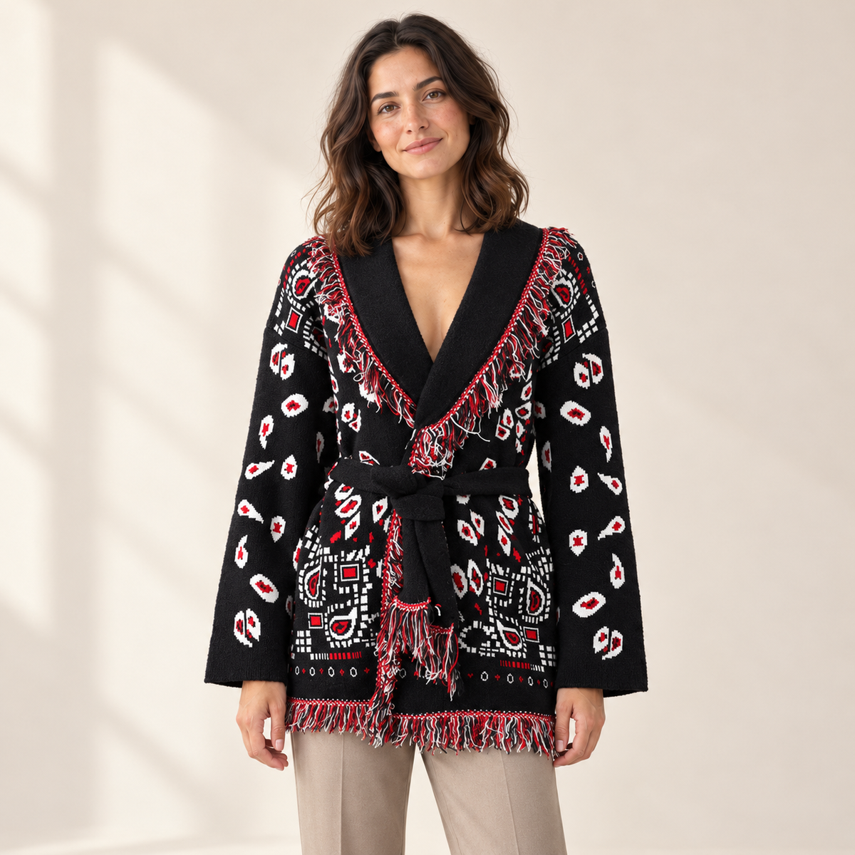 Bellavere Patterned Wrap Knit Cardigan — Black Red / S