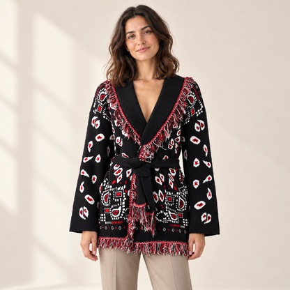 Bellavere Patterned Wrap Knit Cardigan — Black Red / S
