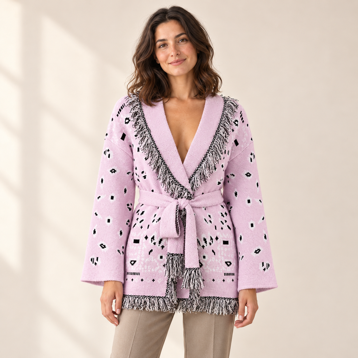 Bellavere Patterned Wrap Knit Cardigan — Pink / S