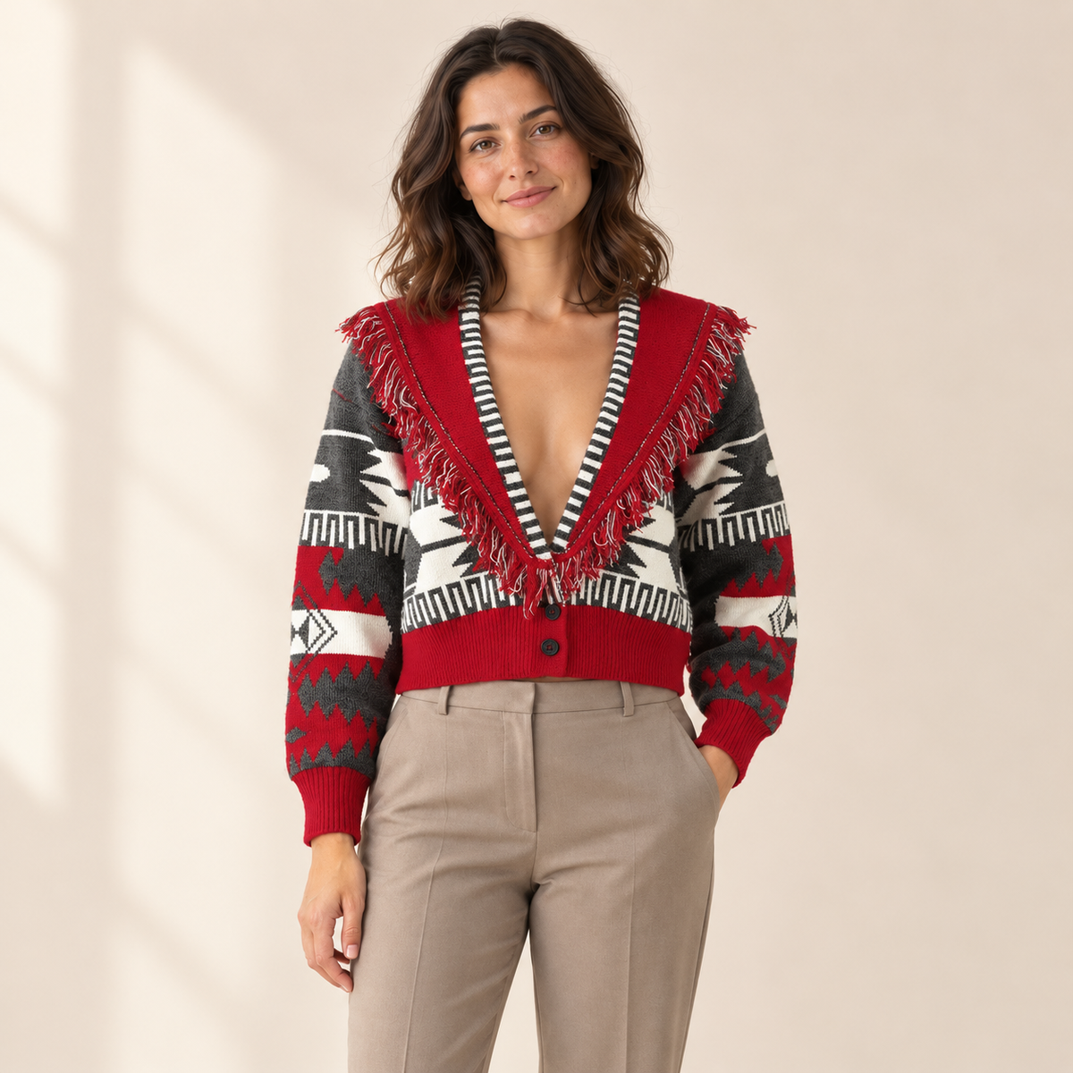 Bellavere Patterned Wrap Knit Cardigan — Red / S