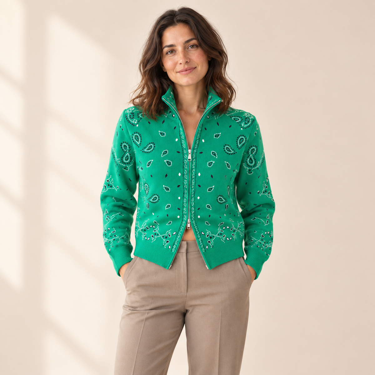 Solvienne Vintage Double-Zip Knit Cardigan — Green / XS