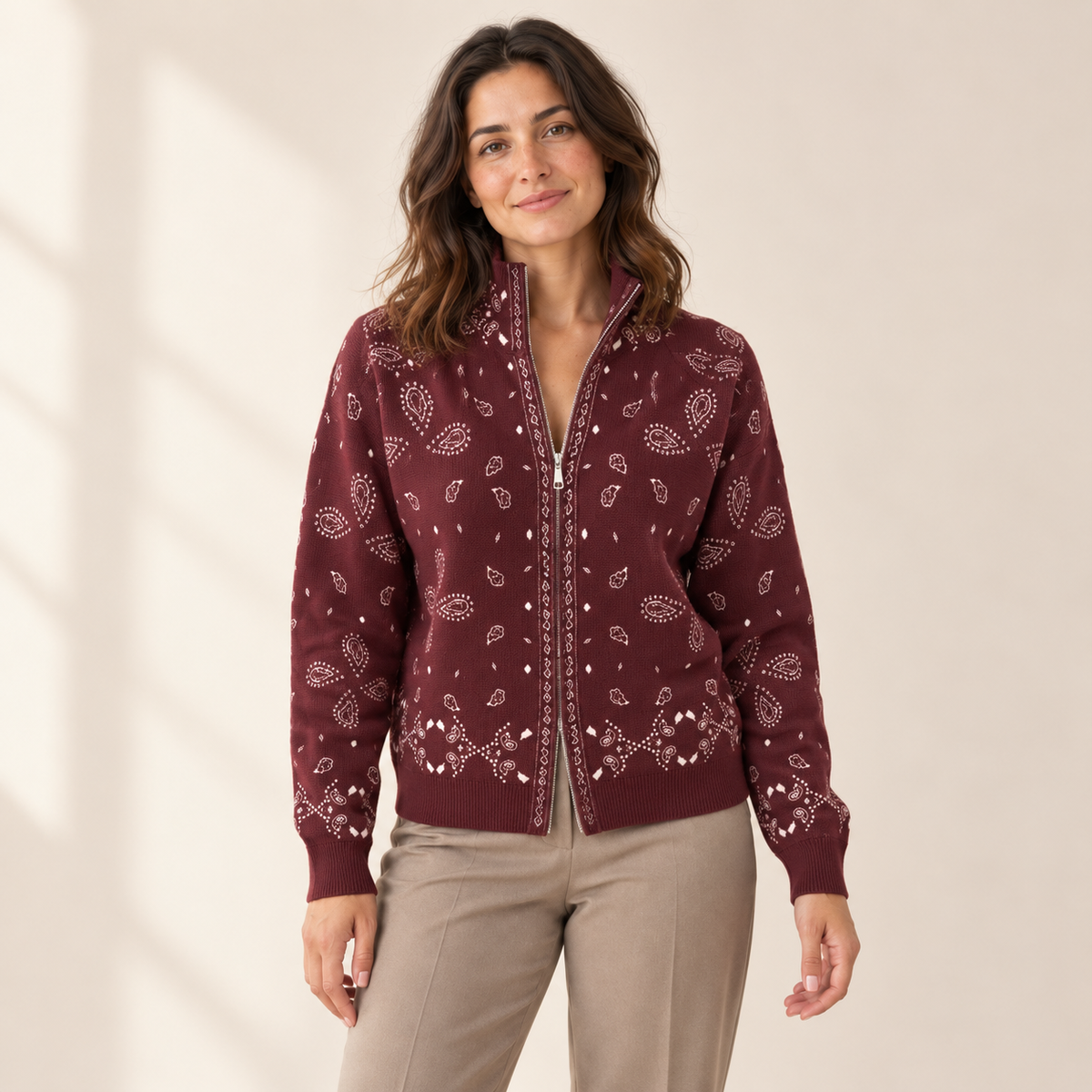 Solvienne Vintage Double-Zip Knit Cardigan — Wine red / XS