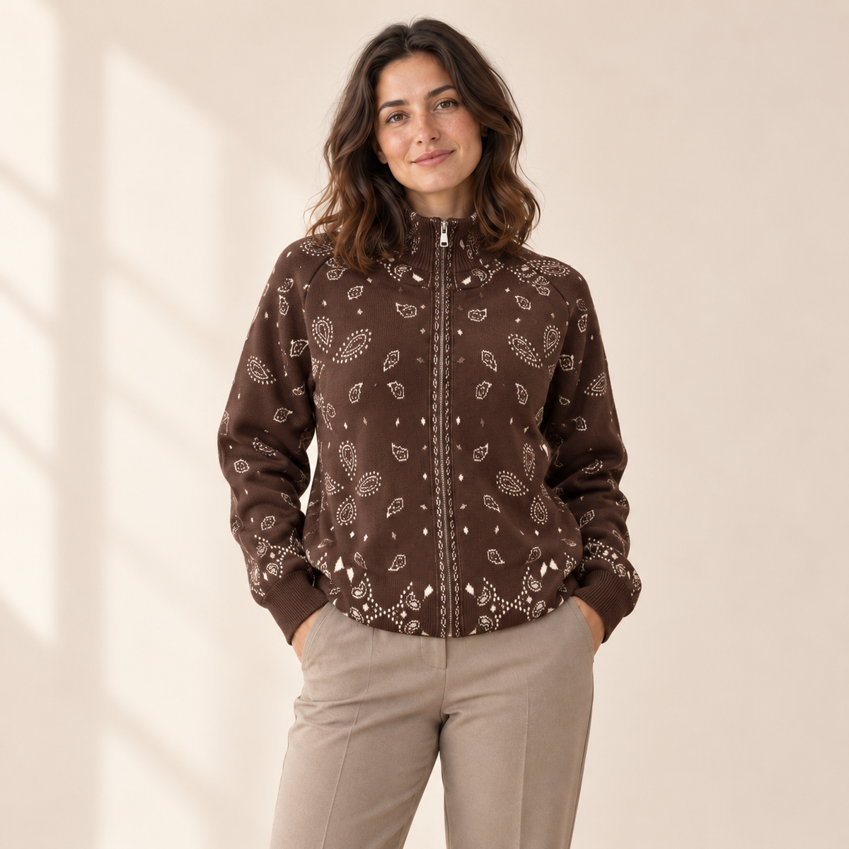 Solvienne Vintage Double-Zip Knit Cardigan — Brown / XS