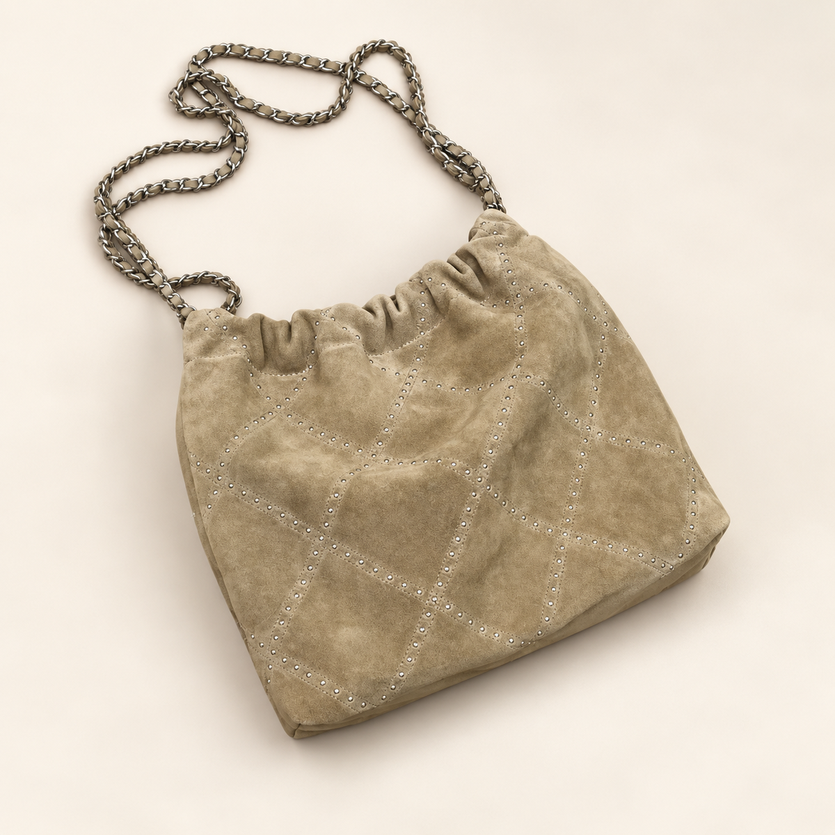Seravelle Suede Diamond Bucket Bag — Apricot