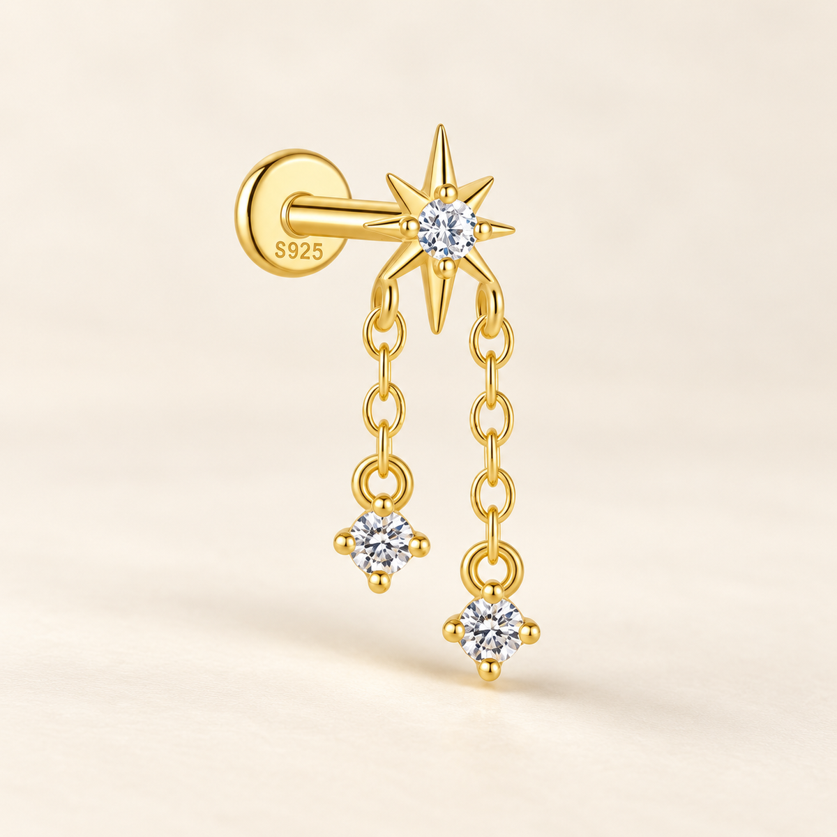 Elarisse 925 Sterling Silver Zircon Chain Stud — 23-Gold