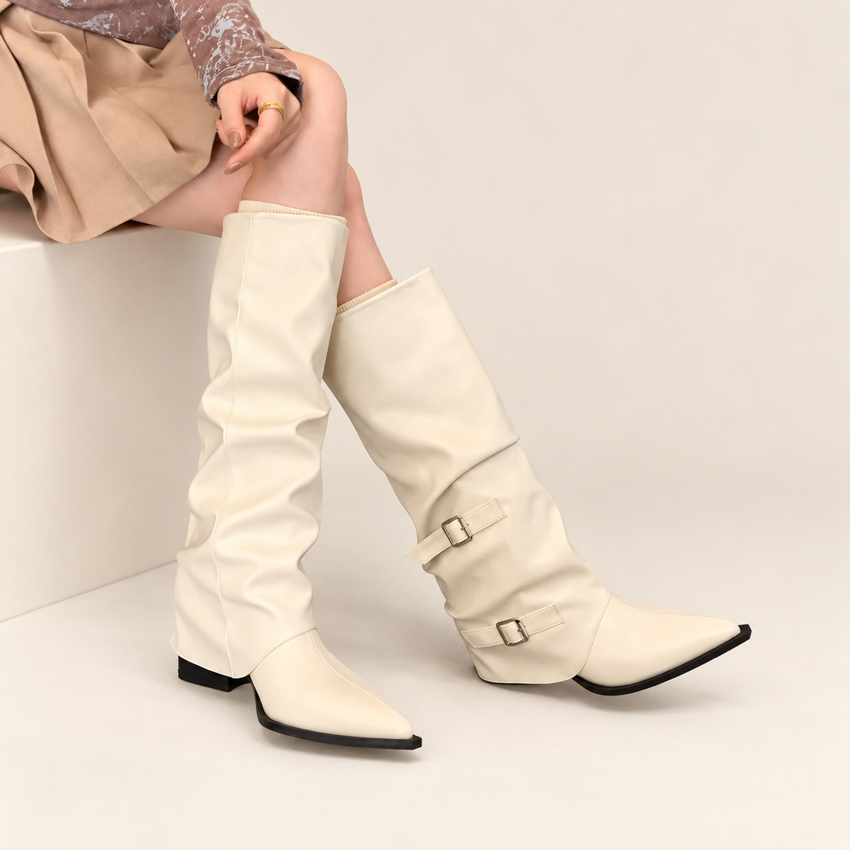 Varelle Foldover Knee-High Boots — White / 35