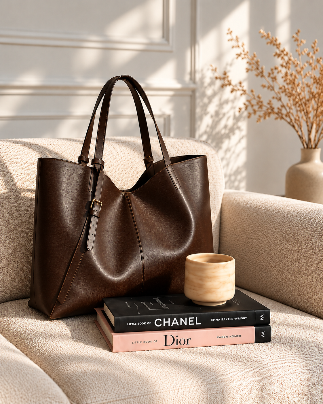 Brown tote bag on a cream sofa with fashion books in natural daylight
