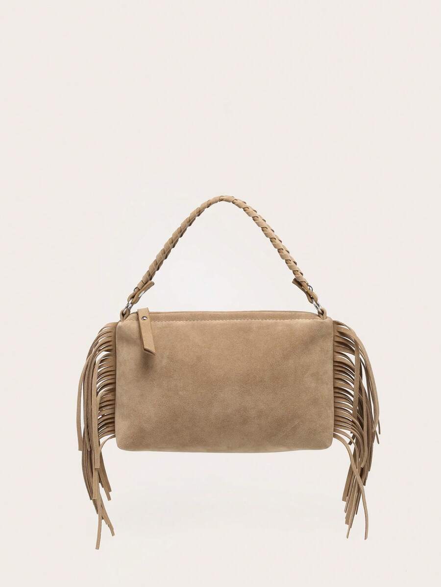 Elodie Khaki Fringe Handbag – Suede-Look Bag with Braided Handle — Rear view