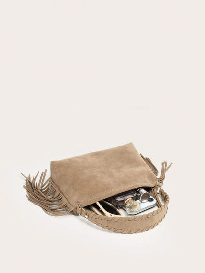 Elodie Khaki Fringe Handbag – Suede-Look Bag with Braided Handle — Open interior; accessories not included