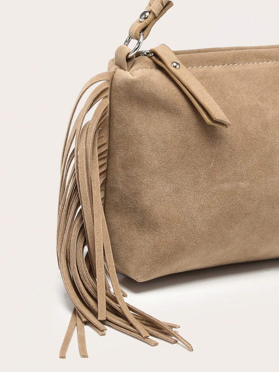 Elodie Khaki Fringe Handbag – Suede-Look Bag with Braided Handle — Fringe, strap and zip detail