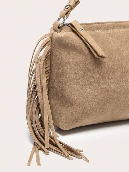 Elodie Khaki Fringe Handbag – Suede-Look Bag with Braided Handle — Fringe, strap and zip detail
