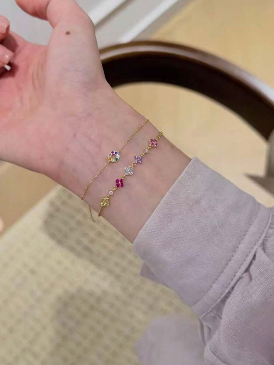 Fleurine 18K Gold-Plated Clover Bracelet – Multicolour Rhinestones — Alternate wrist angle
