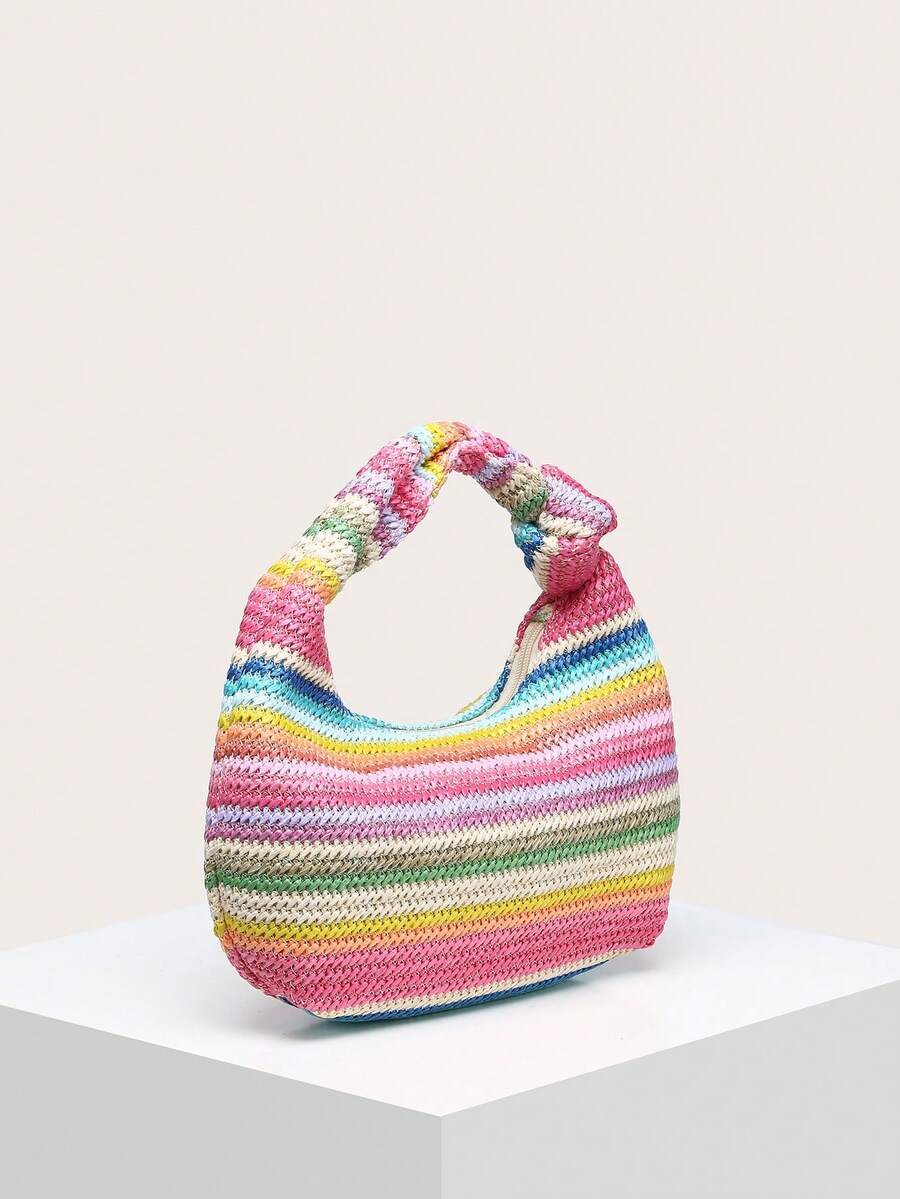 Isola Rainbow Woven-Look Handbag – Knotted Crescent Bag — Three-quarter view