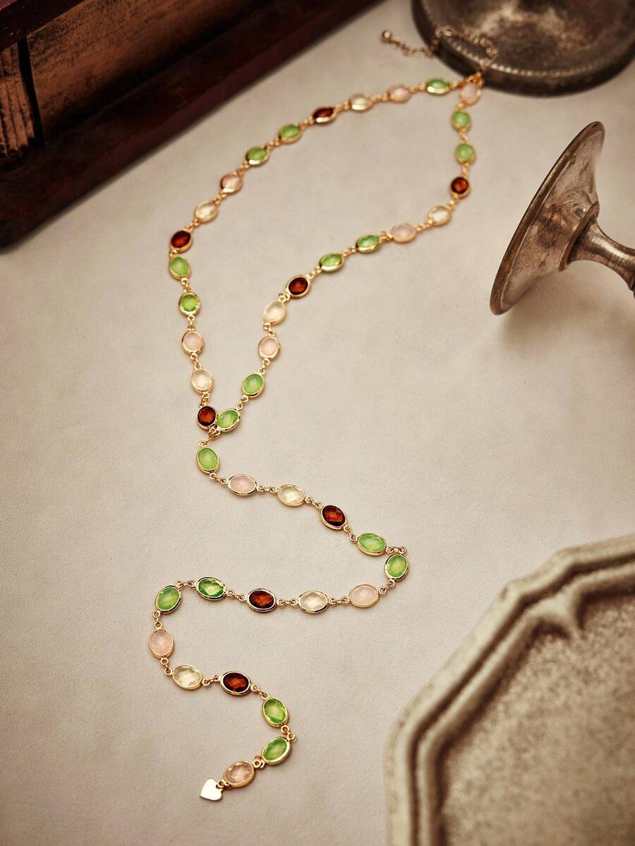 Liora 18K Gold-Plated Beaded Y Necklace – Multicolour Lariat — Necklace arranged flat