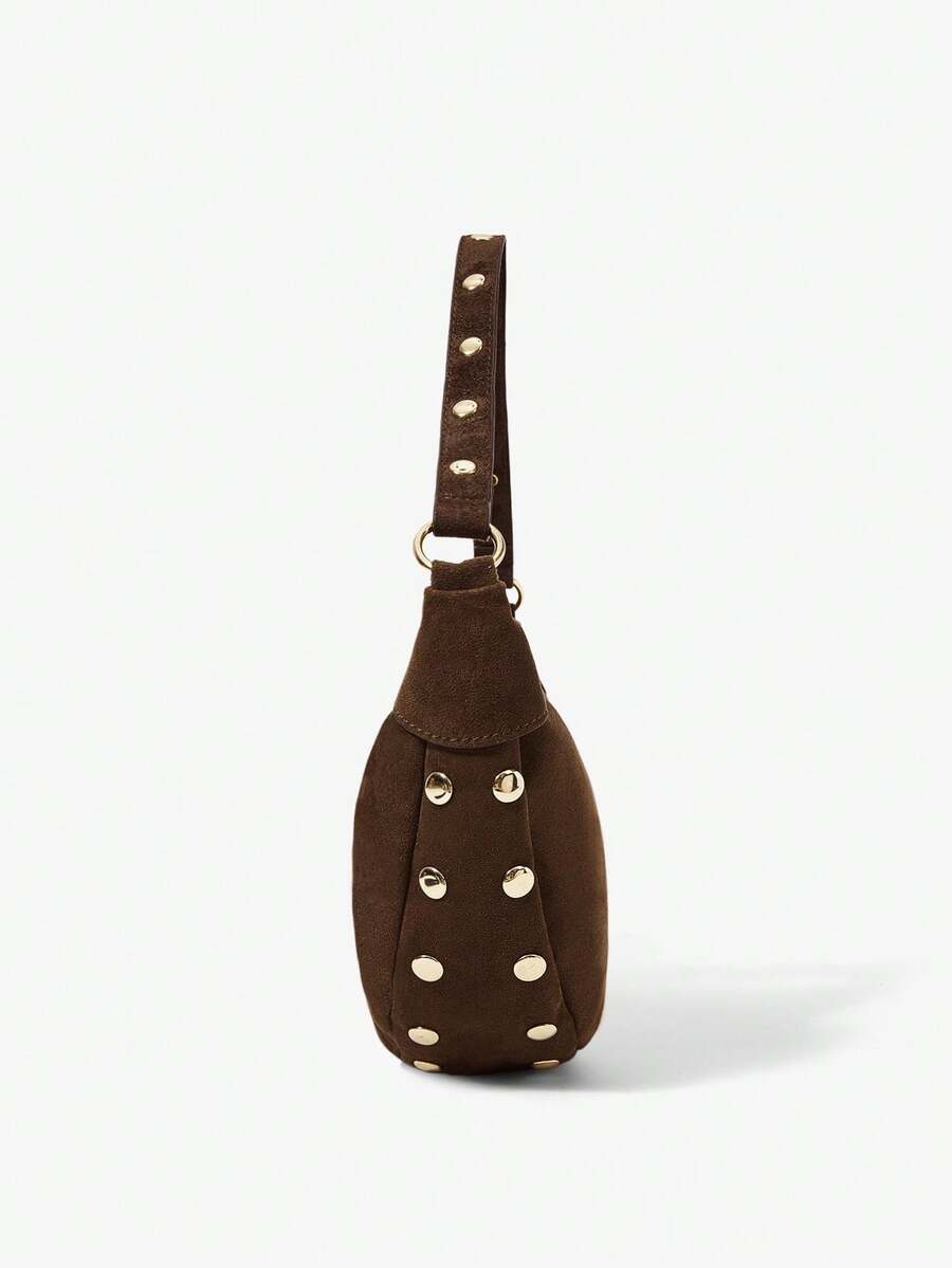 Lucette Coffee Suede-Look Hobo Bag – Gold-Tone Stud Details — Side profile
