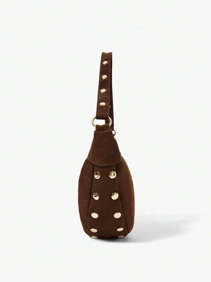 Lucette Coffee Suede-Look Hobo Bag – Gold-Tone Stud Details — Side profile