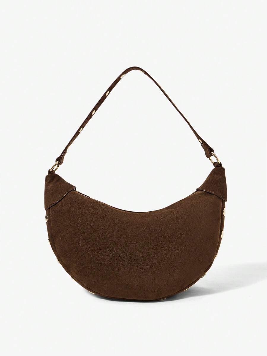 Lucette Coffee Suede-Look Hobo Bag – Gold-Tone Stud Details — Rear view
