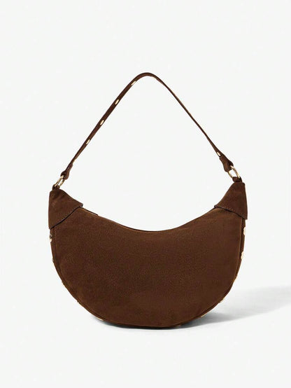 Lucette Coffee Suede-Look Hobo Bag – Gold-Tone Stud Details — Rear view