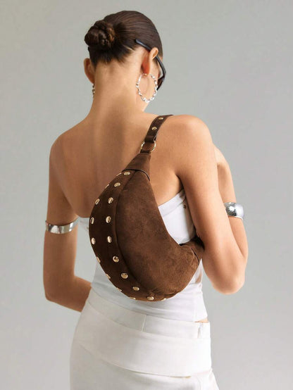 Lucette Coffee Suede-Look Hobo Bag – Gold-Tone Stud Details — Worn on the shoulder