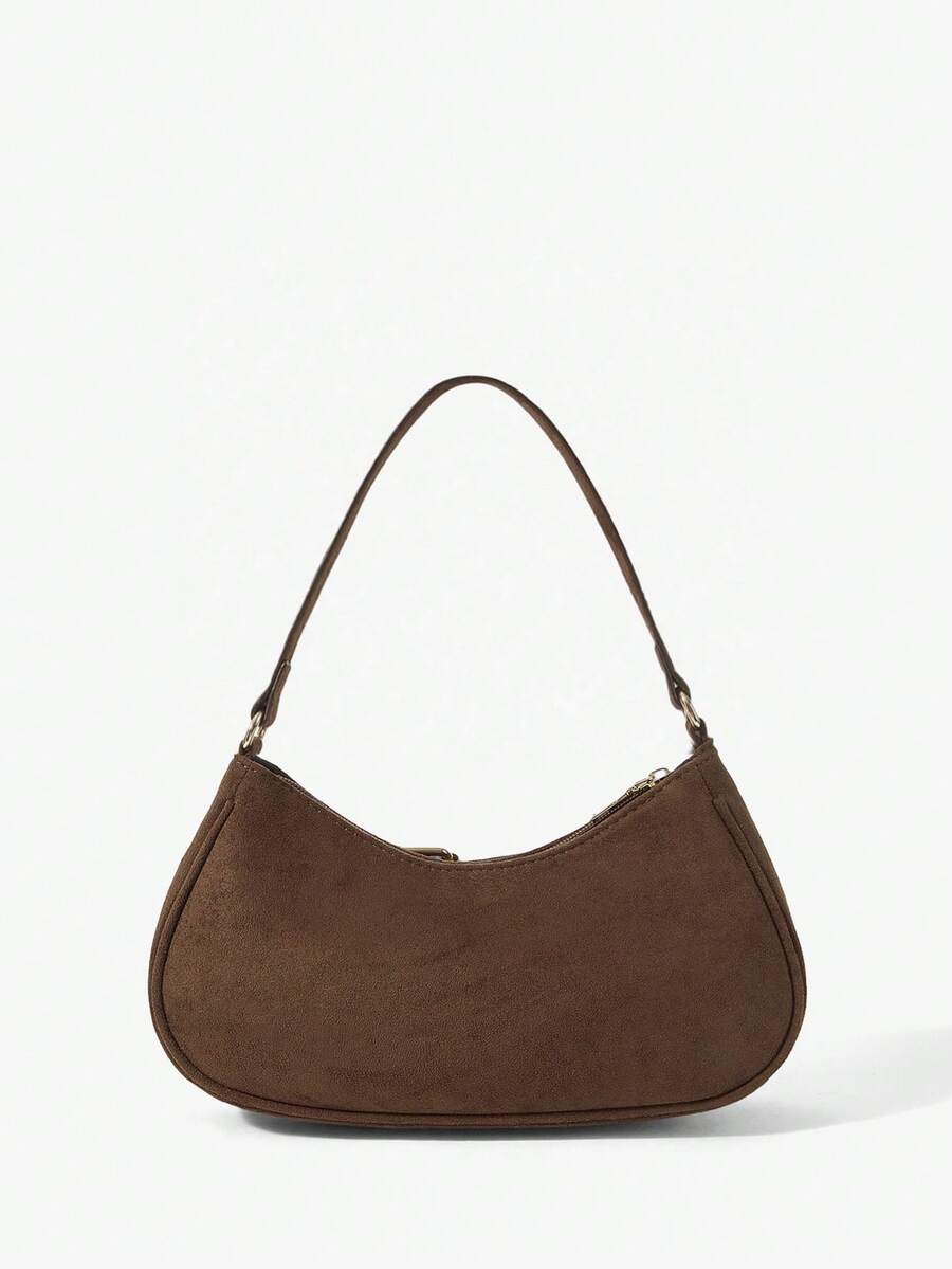 Maëlle Coffee Suede-Look Shoulder Bag – Gold-Tone Buckles — Rear view