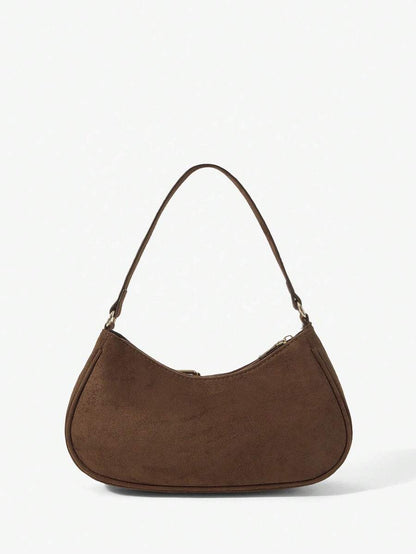 Maëlle Coffee Suede-Look Shoulder Bag – Gold-Tone Buckles — Rear view